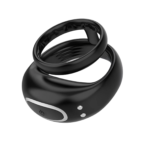 Inel vibrant dublu pentru penis, din silicon negru, cu buton de control