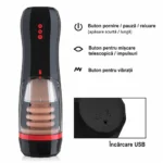 Masturbator automat cu butoane pentru pornire, mișcare telescopică, vibrații și încărcare USB