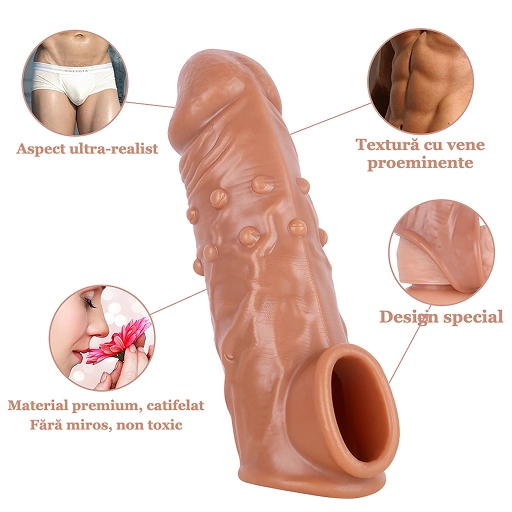 Caracteristicile prelungitorului pentru penis: aspect realist, vene proeminente, inel pentru testicule