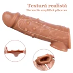 Textura prelungitorului pentru penis, cu biluțe și nervuri care amplifică senzațiile