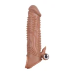 Prelungitor vibrant pentru penis din TPE cu biluțe și glonț vibrator, culoare naturală