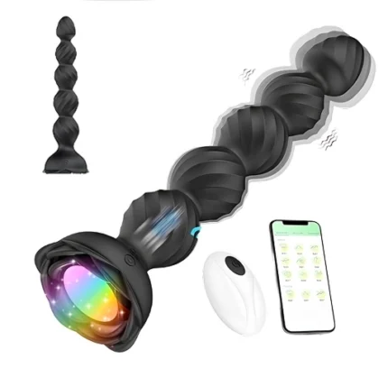 Stimulator anal negru cu bile și iluminare LED, cu telecomandă și control din aplicație