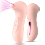 Stimulator clitoris și sfârcuri roz, vedere față și spate, cu butoane de control