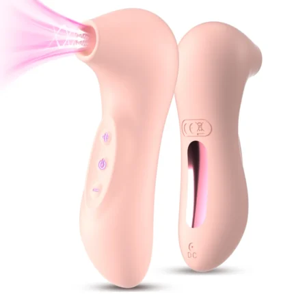 Stimulator clitoris și sfârcuri roz, vedere față și spate, cu butoane de control