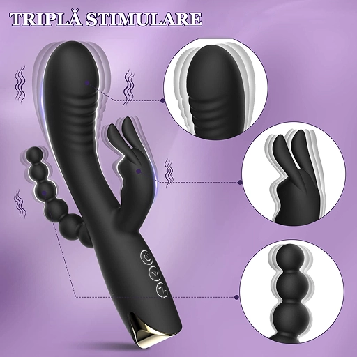 Vibrator Rabbit 3 în 1 cu triplă stimulare: cap punct G, braț clitoris și mărgele anale