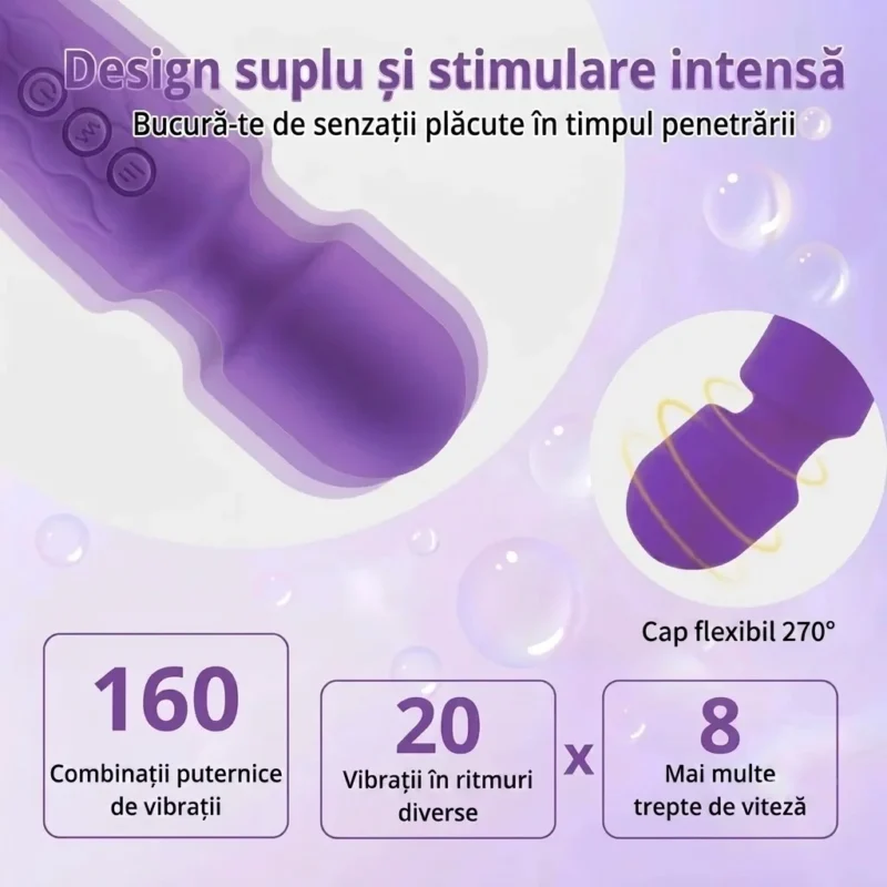 Baghetă de masaj wand – 20 de vibrații și 8 trepte de viteză, cap flexibil 270°