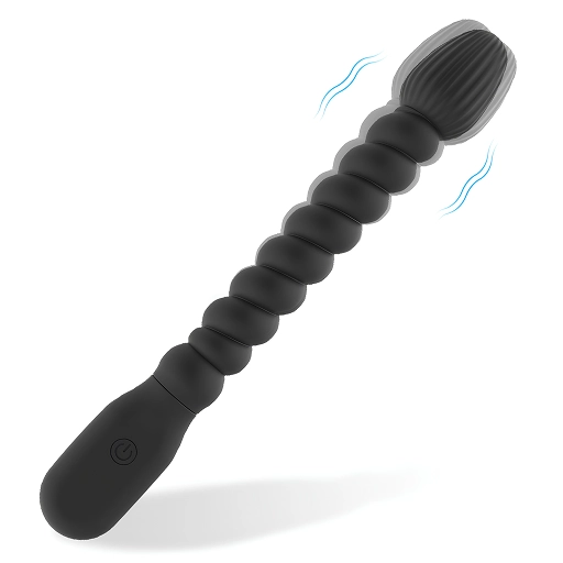 Vibrator negru cu bile progresive și cap texturat, cu mâner ergonomic