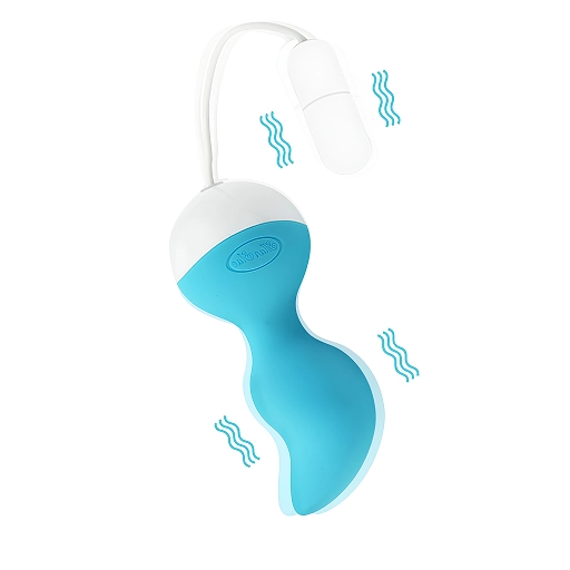Bilă vaginală vibratoare albastră cu capac alb, cordon flexibil și capsulă albă pentru clitoris, cu vibrație în ambele zone