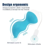 Forma curbată a bilei vaginale vibratoare albastre, cu vârful pentru punctul G și capsula externă pentru clitoris