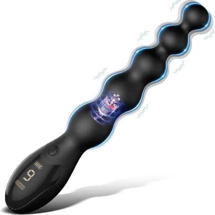 Bile anale vibratoare negre, cu tijă din bile gradate și mâner cu ecran LED