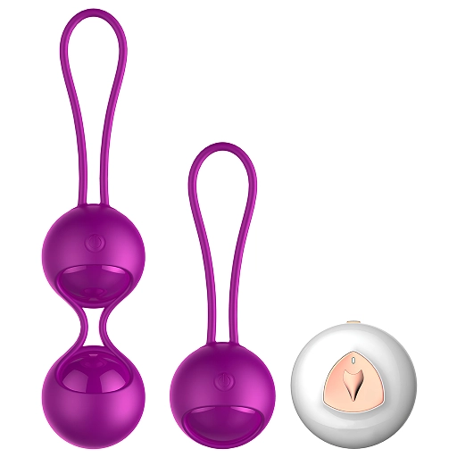Set de bile Kegel violet din silicon: o piesă cu două bile, una cu o bilă și telecomanda rotundă, albă