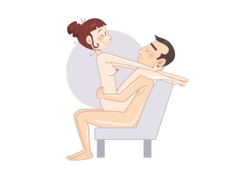 Călare pe scaun, cu picioarele pe umerii lui — poziție sexuală ilustrată, dificultate avansată