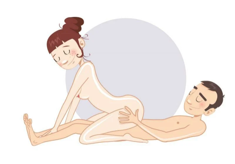 Călăreața inversă aplecată — poziție sexuală ilustrată, dificultate ușoară