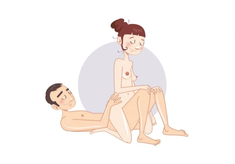 Călăreața inversă, pe o coapsă — poziție sexuală ilustrată, dificultate medie