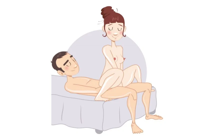 Călăreața inversă, pe vine, la marginea patului — poziție sexuală ilustrată, dificultate medie
