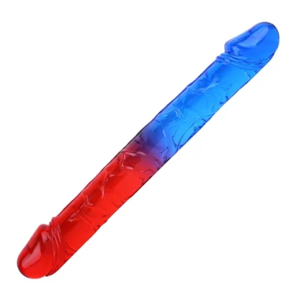 Dildo dublu în degrade albastru-roșu, întins drept, cu gland conturat la ambele capete