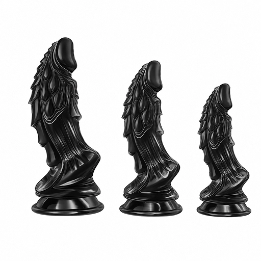 Varianta neagră a dildoului Monster fantasy, cu suprafață sculptată și ventuză, prezentată în trei mărimi