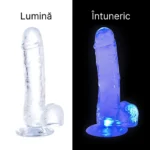 Același dildo la lumină, incolor, și la întuneric, aprins în albastru