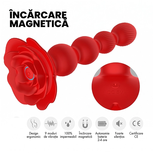 Dopul anal roșu cu bile, cu baza de trandafir și prim-plan cu contactele de încărcare magnetică marcate DC 5V