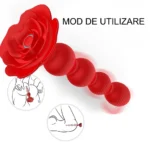 Dopul cu bile și trandafir, cu butonul luminos din mijlocul florii și două desene cu modul de utilizare