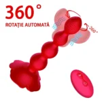 Bilele striate de la vârful dopului, cu săgeți care arată rotația automată de 360°, și telecomanda roșie