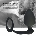 Dop anal cu inel pentru penis lângă un bărbat la duș, cu textul despre curățarea ușoară
