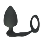 Dop anal conic din silicon negru, legat printr-un braț flexibil de un inel pentru penis