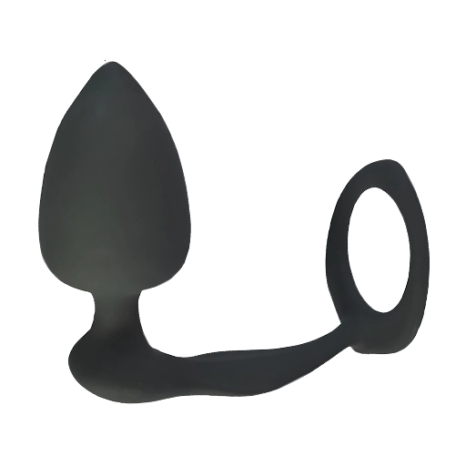Dop anal conic din silicon negru, legat printr-un braț flexibil de un inel pentru penis