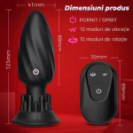 Dopul anal negru cu cotele marcate: 125 mm lungime totală, cap de 41 mm și 88 mm, plus telecomanda de 39 × 69 mm