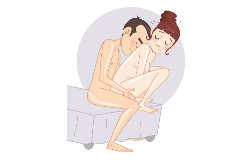 Ghemuită în poală, la marginea patului — poziție sexuală ilustrată, dificultate avansată