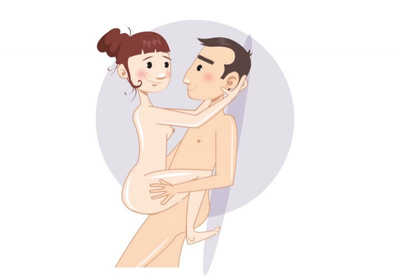 Îmbrățișarea suspendată la perete — poziție sexuală ilustrată, dificultate avansată