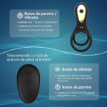 Butonul de pe inel și telecomanda cu două butoane, pentru vibrație și pornire, cu rază de până la 8 metri