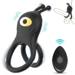 Inel vibrant cu telecomandă, negru, cu două bucle și antene pentru stimularea clitorisului