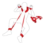 Ilustrație cu o persoană culcată pe spate, cu perna roșie sub ceafă, mâinile prinse lângă cap și gleznele legate de pernă prin curele