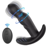 Masator pentru prostată negru, văzut din lateral, cu telecomanda alături