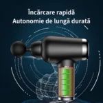 Mini pistolul de masaj negru cu o baterie verde desenată în mâner și textul încărcare rapidă, autonomie de lungă durată