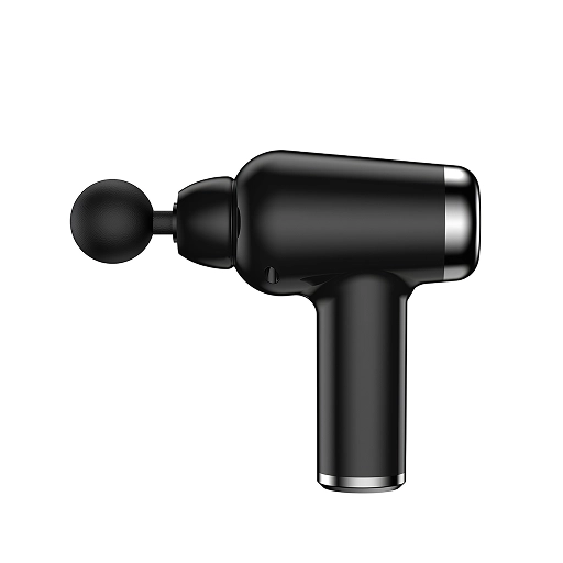 Mini pistol de masaj negru, văzut din lateral, cu cap sferic și inele argintii la spate și la baza mânerului
