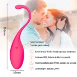Dimensiunile oului vibrator, 158 mm înălțime cu coada curbată și 35 mm diametru, cu butonul de pornire marcat