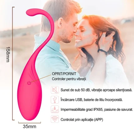 Dimensiunile oului vibrator, 158 mm înălțime cu coada curbată și 35 mm diametru, cu butonul de pornire marcat