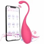 Ou vibrator roz cu coadă curbată, lângă telefonul cu modurile de vibrație din aplicație