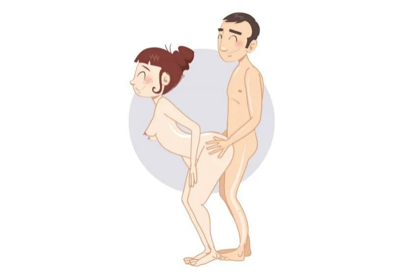 Pe la spate, în picioare — poziție sexuală ilustrată, dificultate ușoară