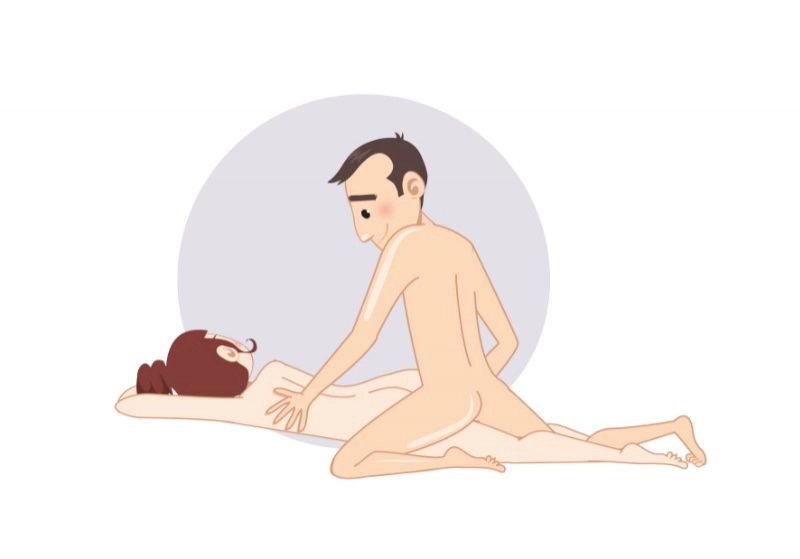 Pe o parte, cu el în genunchi — poziție sexuală ilustrată, dificultate ușoară