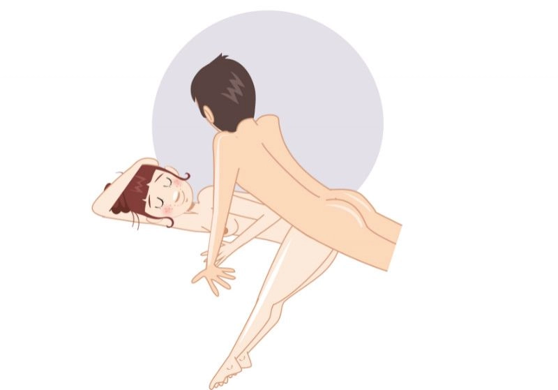 Pe o parte, cu picioarele în unghi drept — poziție sexuală ilustrată, dificultate avansată