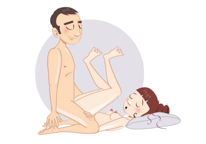 Picioarele ridicate, cu genunchii spre piept — poziție sexuală ilustrată, dificultate medie
