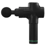 Pistol de masaj negru văzut din lateral, cu cap sferic, nervuri pe partea de sus și inel verde la baza mânerului
