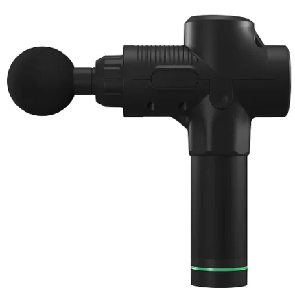 Pistol de masaj negru văzut din lateral, cu cap sferic, nervuri pe partea de sus și inel verde la baza mânerului