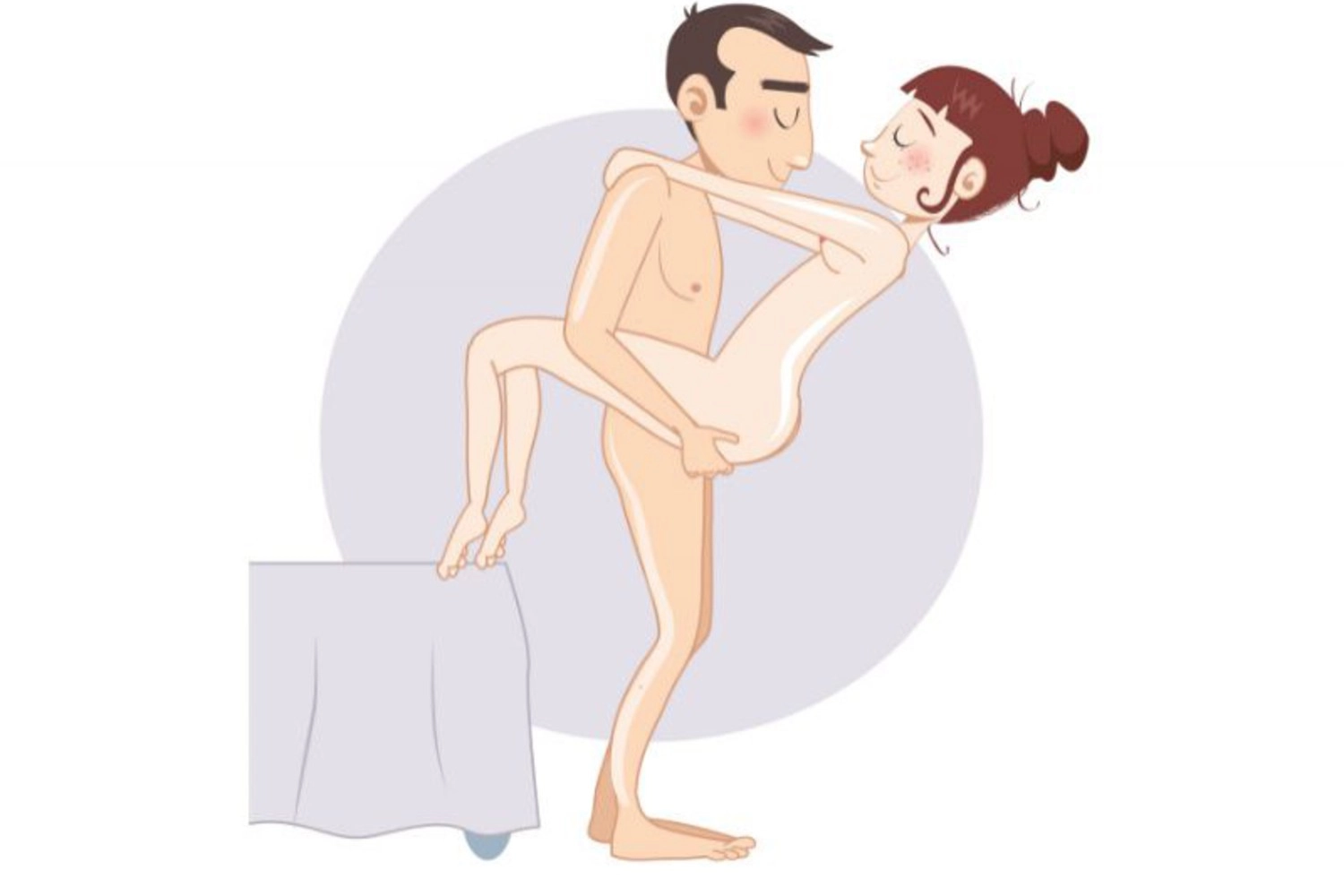 Ridicată în brațe, lângă pat — poziție sexuală ilustrată, dificultate ușoară