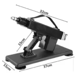 Aparatul negru cu cotele marcate: 32 cm lungime, braț de 15 cm, carcasă de 5 cm, bază de 37 × 15 cm