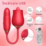Trandafirul și extensia alăturate, cu cablul USB care se prinde pe cele două contacte de la baza florii