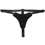 Hamul negru întins, fără dildo, cu centura cu catarame, panoul triunghiular și inelul rotund din mijloc